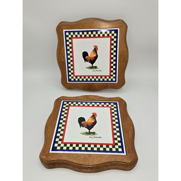 Bob Timberlake Vintage Wooden Rooster Tile Wall Hanging Trivet Set of 2‎